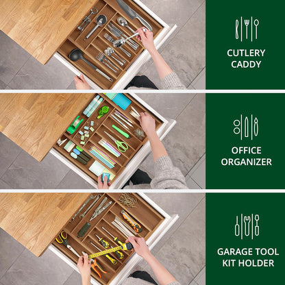 Luxury Bamboo Kitchen Drawer Organizer - Silverware Organizer, Utensil Holder & Cutlery Tray Drawer Dividers for Flatware (9 Slot, Natural)