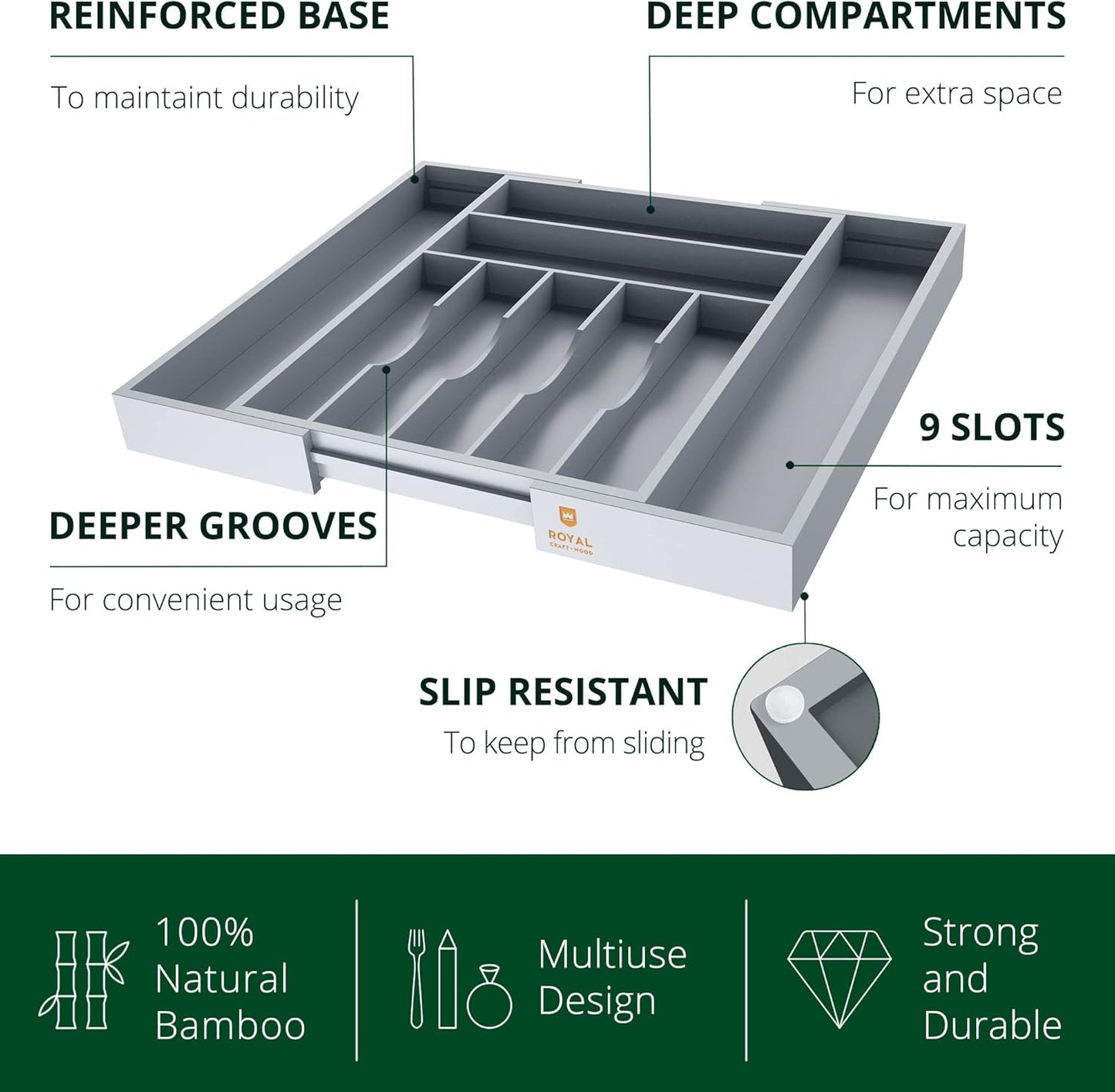 Luxury Bamboo Kitchen Drawer Organizer - Silverware Organizer, Utensil Holder & Cutlery Tray Drawer Dividers for Flatware (9 Slot, Natural)