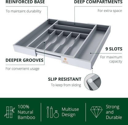Luxury Bamboo Kitchen Drawer Organizer - Silverware Organizer, Utensil Holder & Cutlery Tray Drawer Dividers for Flatware (9 Slot, Natural)