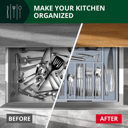Luxury Bamboo Kitchen Drawer Organizer - Silverware Organizer, Utensil Holder & Cutlery Tray Drawer Dividers for Flatware (9 Slot, Natural)