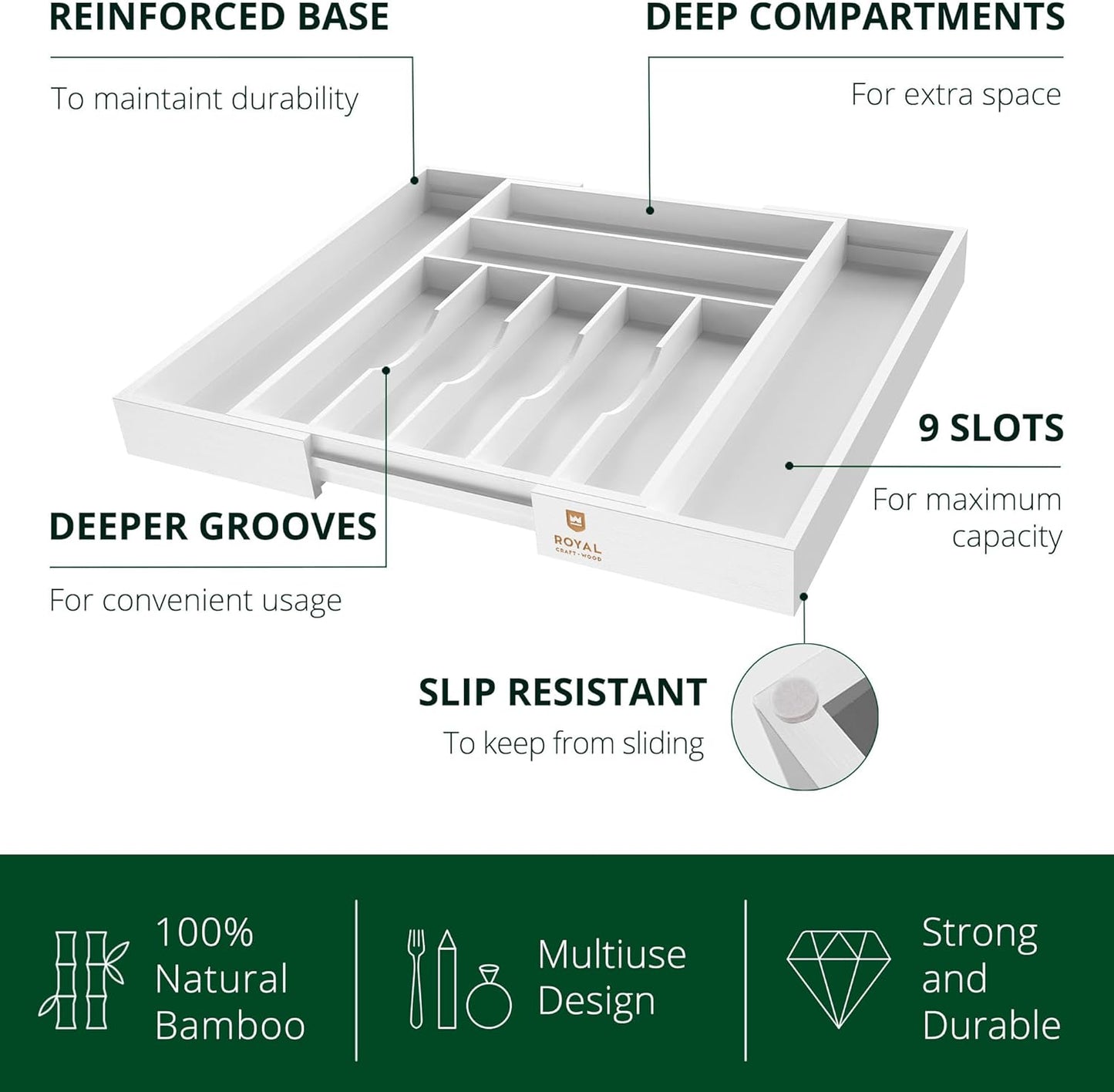 Luxury Bamboo Kitchen Drawer Organizer - Silverware Organizer, Utensil Holder & Cutlery Tray Drawer Dividers for Flatware (9 Slot, Natural)