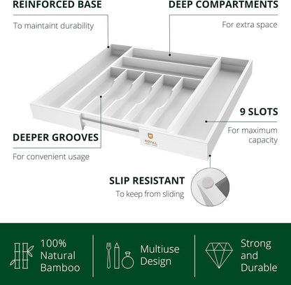 Luxury Bamboo Kitchen Drawer Organizer - Silverware Organizer, Utensil Holder & Cutlery Tray Drawer Dividers for Flatware (9 Slot, Natural)