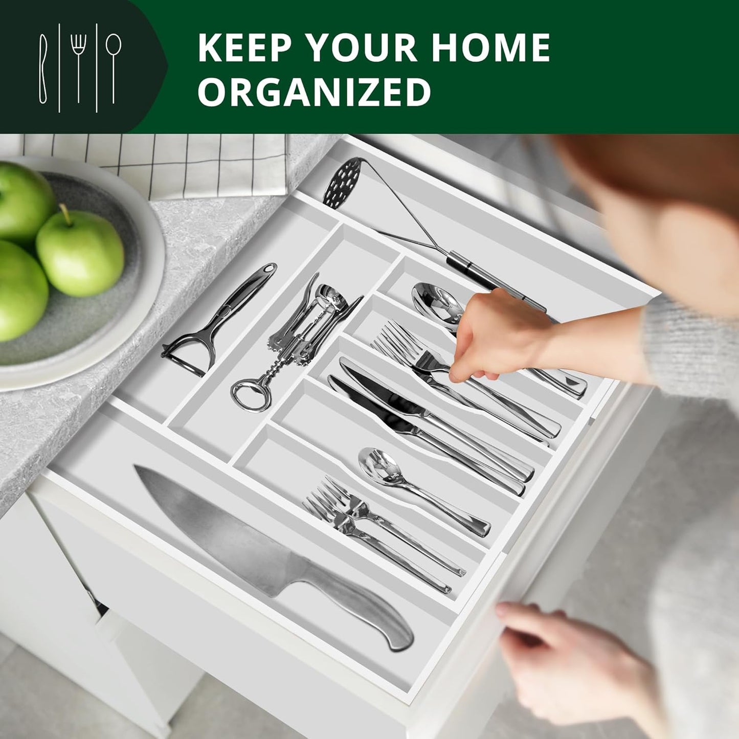 Luxury Bamboo Kitchen Drawer Organizer - Silverware Organizer, Utensil Holder & Cutlery Tray Drawer Dividers for Flatware (9 Slot, Natural)
