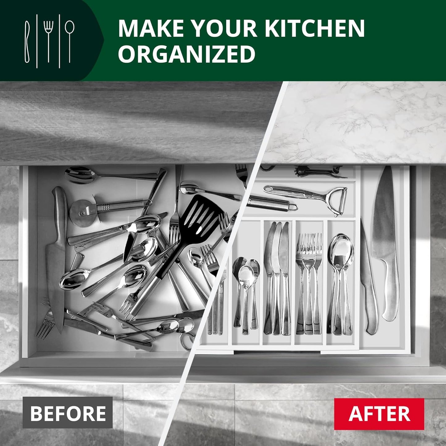 Luxury Bamboo Kitchen Drawer Organizer - Silverware Organizer, Utensil Holder & Cutlery Tray Drawer Dividers for Flatware (9 Slot, Natural)