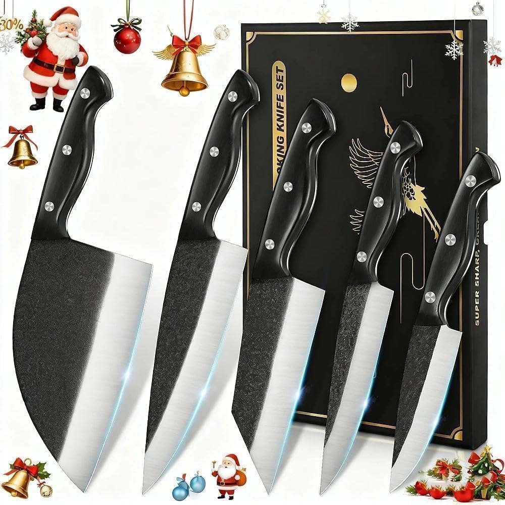Butcher Knife Set of 5- Japanese Knife Set for Meat Cutting, Hand Forged Viking Knives Sets with Meat Cleaver, Heavy-Duty Kitchen Knives Sets for Bone BBQ Vegetable, Gifts for Men