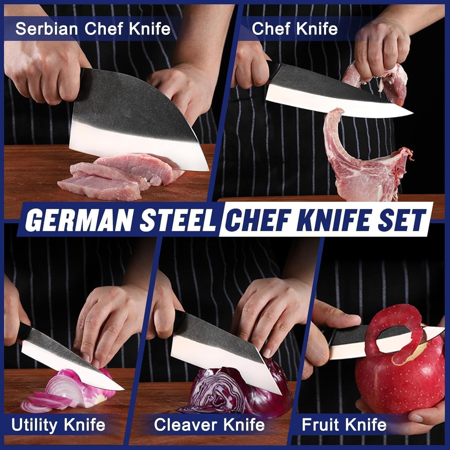 Butcher Knife Set of 5- Japanese Knife Set for Meat Cutting, Hand Forged Viking Knives Sets with Meat Cleaver, Heavy-Duty Kitchen Knives Sets for Bone BBQ Vegetable, Gifts for Men