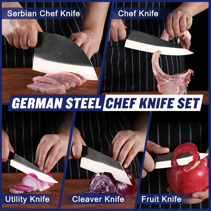 Butcher Knife Set of 5- Japanese Knife Set for Meat Cutting, Hand Forged Viking Knives Sets with Meat Cleaver, Heavy-Duty Kitchen Knives Sets for Bone BBQ Vegetable, Gifts for Men