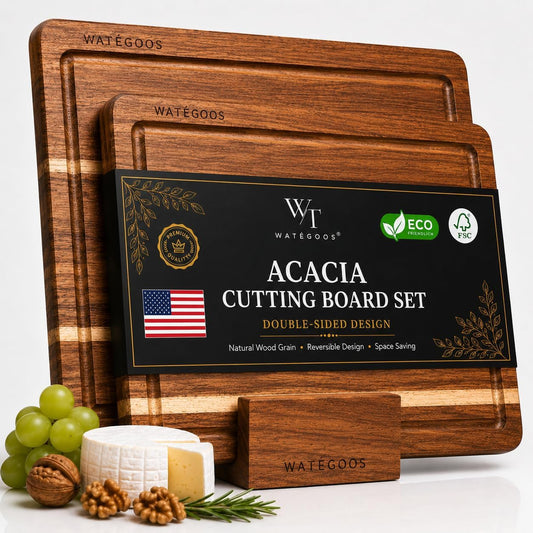 Acacia Wood Cutting Boards for Kitchen, Non-Toxic Cutting Board Set of 2, Chopping Boards with Deep Juice Groove for Meat, Cheese & Vegetables - Eco-Friendly & Medium & Small Sizes