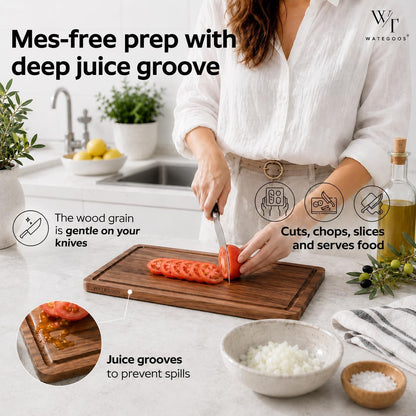 Acacia Wood Cutting Boards for Kitchen, Non-Toxic Cutting Board Set of 2, Chopping Boards with Deep Juice Groove for Meat, Cheese & Vegetables - Eco-Friendly & Medium & Small Sizes