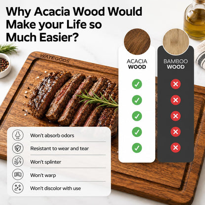 Acacia Wood Cutting Boards for Kitchen, Non-Toxic Cutting Board Set of 2, Chopping Boards with Deep Juice Groove for Meat, Cheese & Vegetables - Eco-Friendly & Medium & Small Sizes