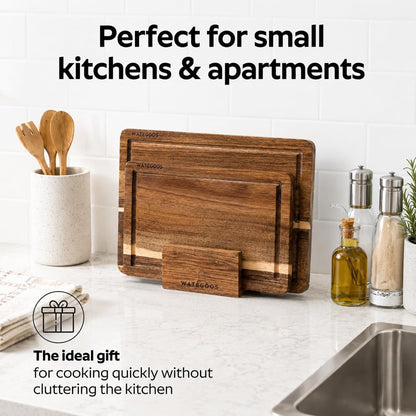 Acacia Wood Cutting Boards for Kitchen, Non-Toxic Cutting Board Set of 2, Chopping Boards with Deep Juice Groove for Meat, Cheese & Vegetables - Eco-Friendly & Medium & Small Sizes