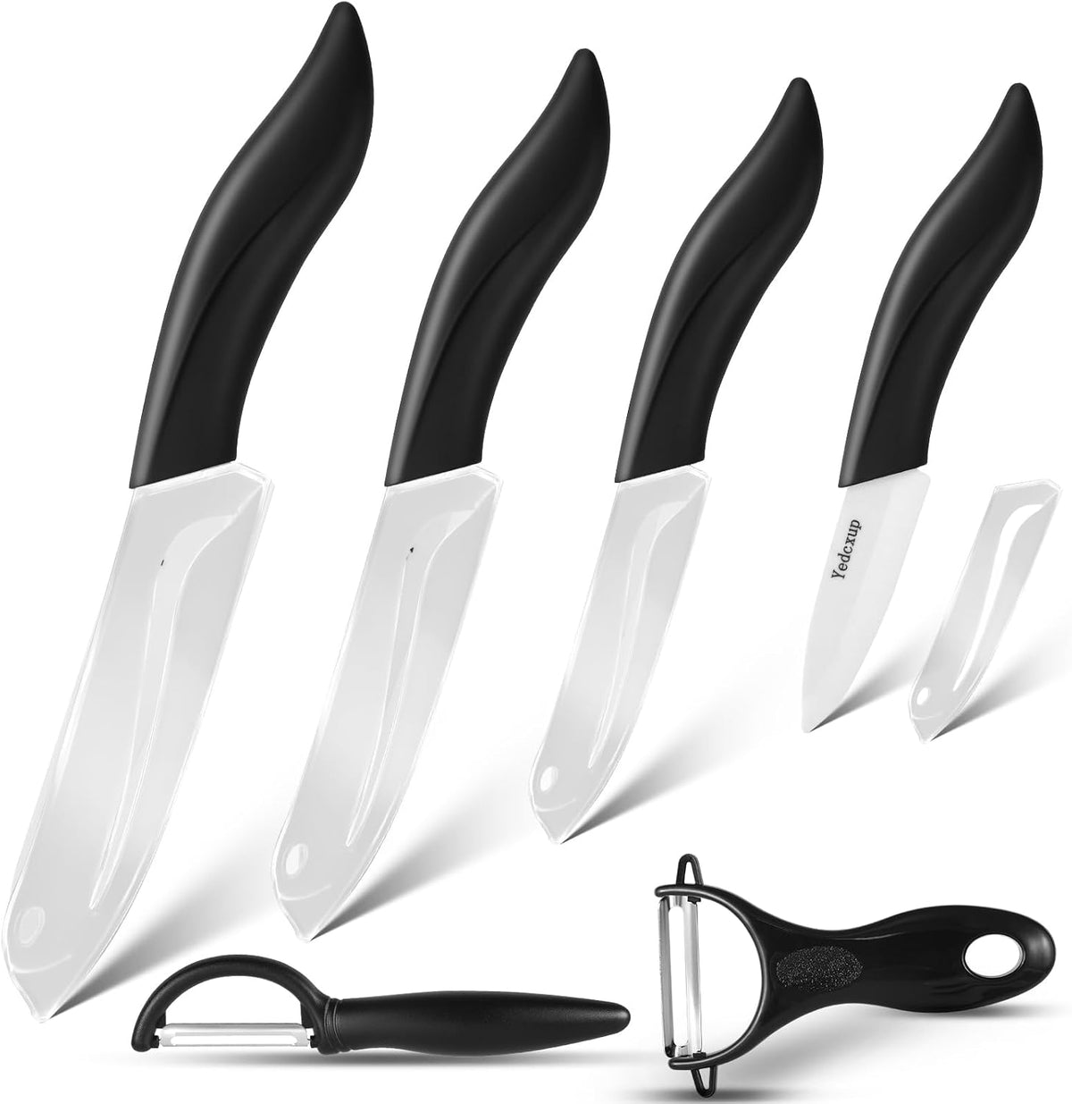 Ceramic Knives Set 6 Pack, Kitchen Knife Set with Covers & Peeler | 3" paring, 4" fruit, 5" utility, 6" chef knife & 2 peelers, food grade ceramic, lightweight with ergonomic black handles