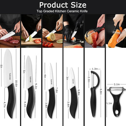 Ceramic Knives Set 6 Pack, Kitchen Knife Set with Covers & Peeler | 3" paring, 4" fruit, 5" utility, 6" chef knife & 2 peelers, food grade ceramic, lightweight with ergonomic black handles