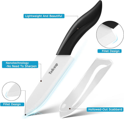 Ceramic Knives Set 6 Pack, Kitchen Knife Set with Covers & Peeler | 3" paring, 4" fruit, 5" utility, 6" chef knife & 2 peelers, food grade ceramic, lightweight with ergonomic black handles