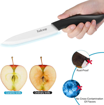Ceramic Knives Set 6 Pack, Kitchen Knife Set with Covers & Peeler | 3" paring, 4" fruit, 5" utility, 6" chef knife & 2 peelers, food grade ceramic, lightweight with ergonomic black handles