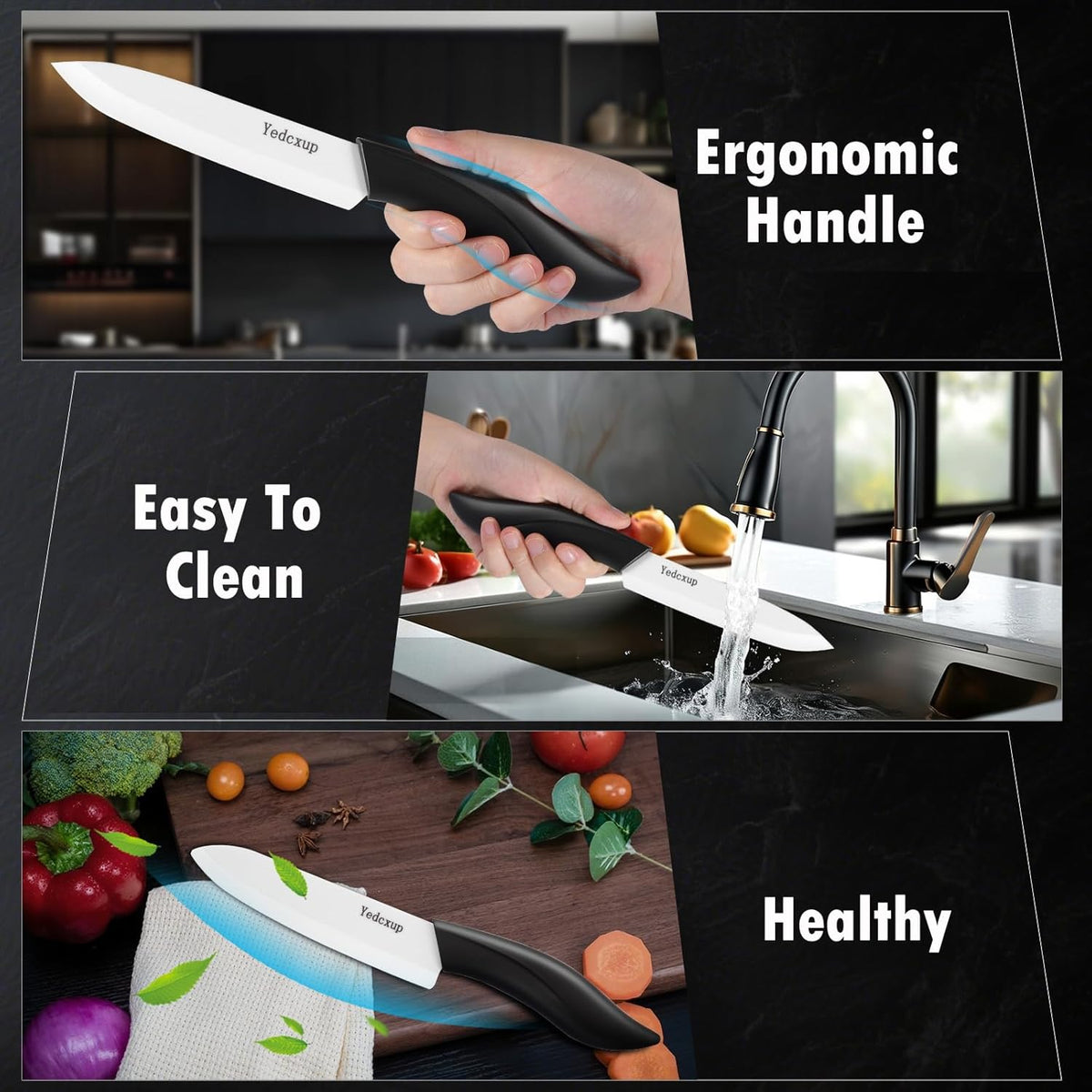 Ceramic Knives Set 6 Pack, Kitchen Knife Set with Covers & Peeler | 3" paring, 4" fruit, 5" utility, 6" chef knife & 2 peelers, food grade ceramic, lightweight with ergonomic black handles