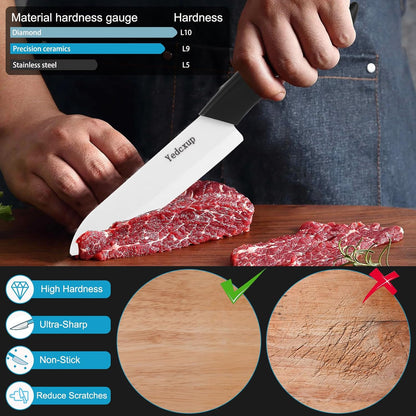 Ceramic Knives Set 6 Pack, Kitchen Knife Set with Covers & Peeler | 3" paring, 4" fruit, 5" utility, 6" chef knife & 2 peelers, food grade ceramic, lightweight with ergonomic black handles