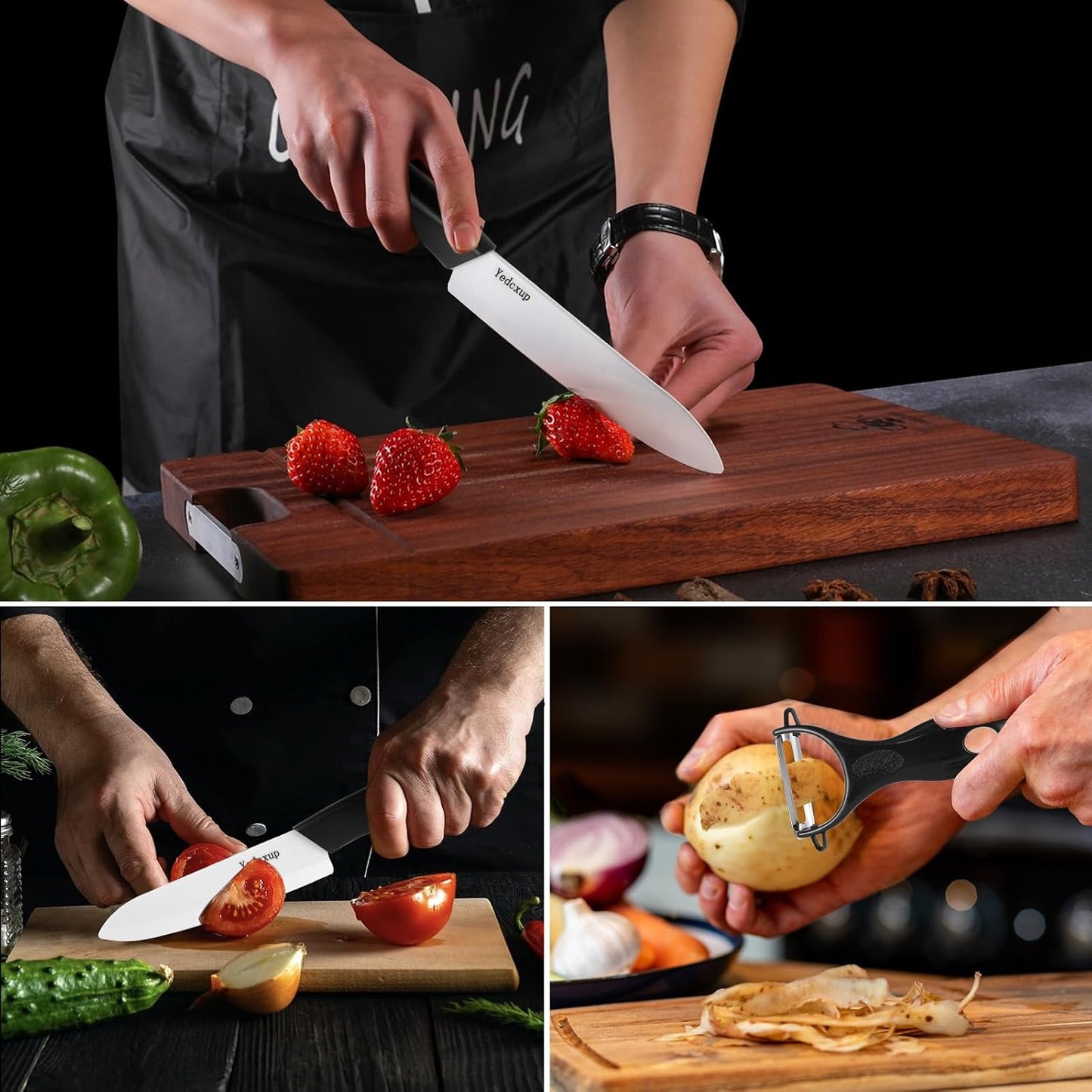 Ceramic Knives Set 6 Pack, Kitchen Knife Set with Covers & Peeler | 3" paring, 4" fruit, 5" utility, 6" chef knife & 2 peelers, food grade ceramic, lightweight with ergonomic black handles