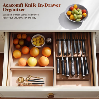 In-Drawer Knife Block without Knives, Acacia Wood Knife Drawer Organizer