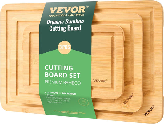 Cutting Board 3 Pieces, Premium Versatile Bamboo Cutting Board, Food-Grade Oil and Juice Groove,Sturdy Durable Chopping Board, Built-in Handle, Wooden for Display Chopping Serving