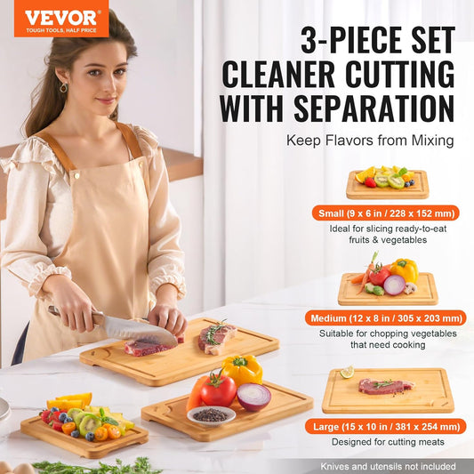 Cutting Board 3 Pieces, Premium Versatile Bamboo Cutting Board, Food-Grade Oil and Juice Groove,Sturdy Durable Chopping Board, Built-in Handle, Wooden for Display Chopping Serving