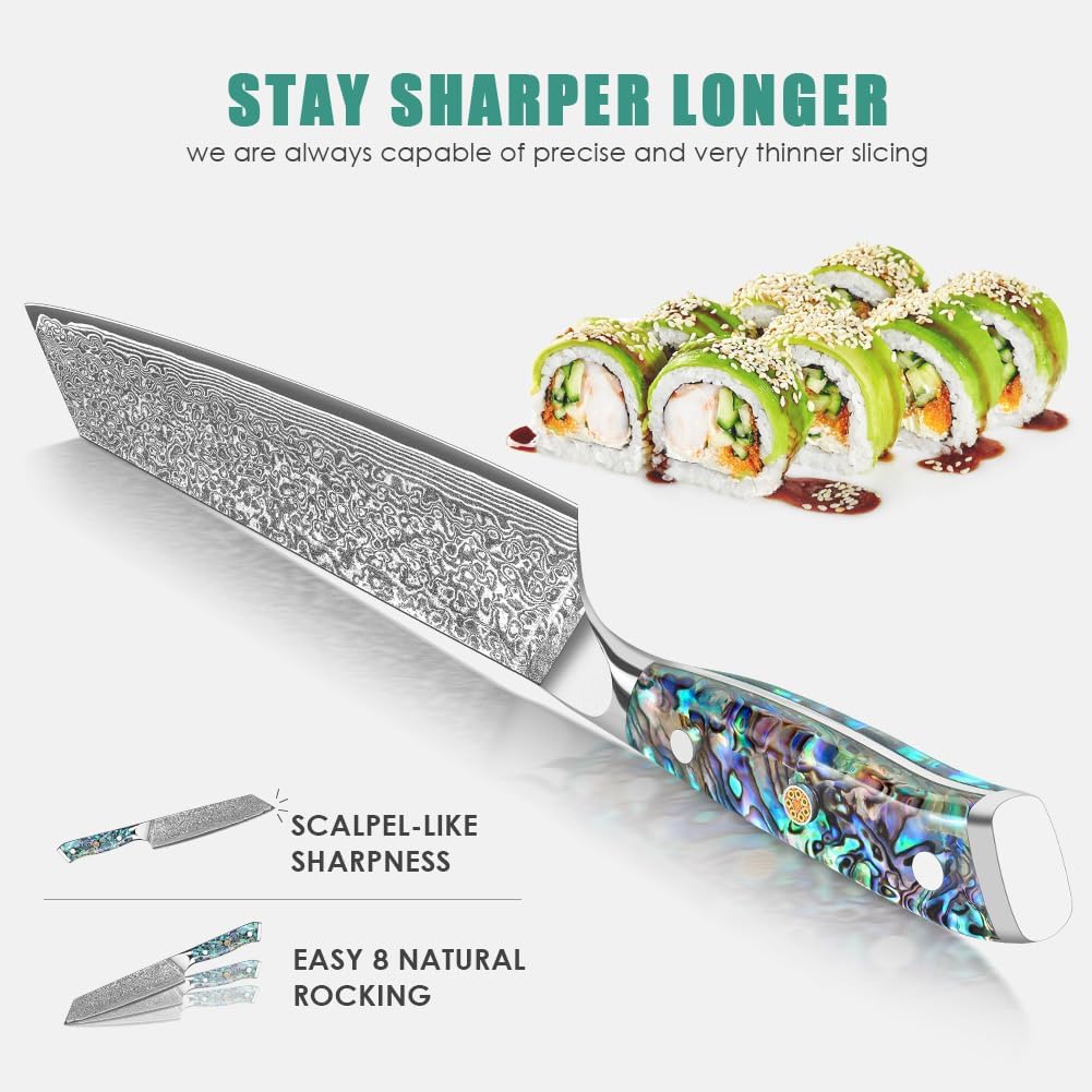Damascus Kiritsuke Knife 8 inch, Professional Chef Knife, Sharp Hand-Forged Kitchen Knives,Japanese 67-Layers Damascus Steel Cooking Knife,Ergonomic Abalone Shell Ressin Handle with Gift Box