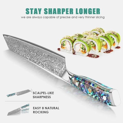Damascus Kiritsuke Knife 8 inch, Professional Chef Knife, Sharp Hand-Forged Kitchen Knives,Japanese 67-Layers Damascus Steel Cooking Knife,Ergonomic Abalone Shell Ressin Handle with Gift Box