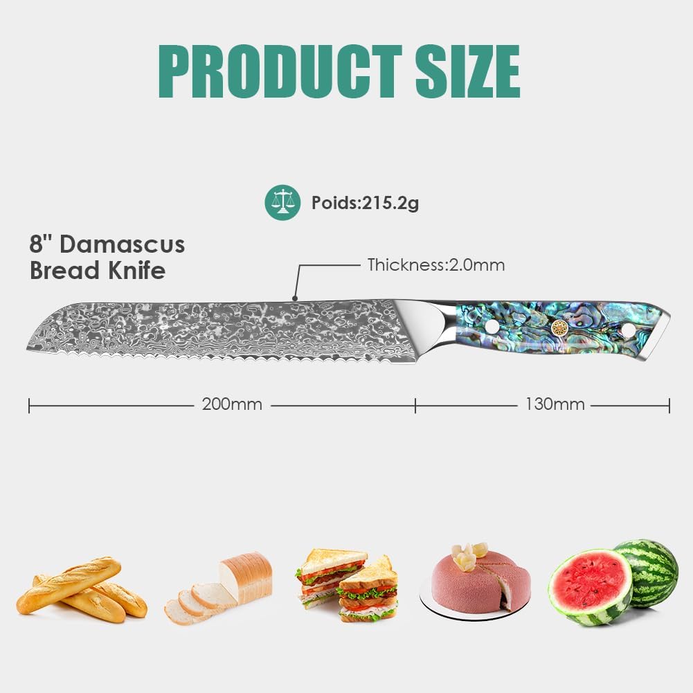 Damascus Kiritsuke Knife 8 inch, Professional Chef Knife, Sharp Hand-Forged Kitchen Knives,Japanese 67-Layers Damascus Steel Cooking Knife,Ergonomic Abalone Shell Ressin Handle with Gift Box