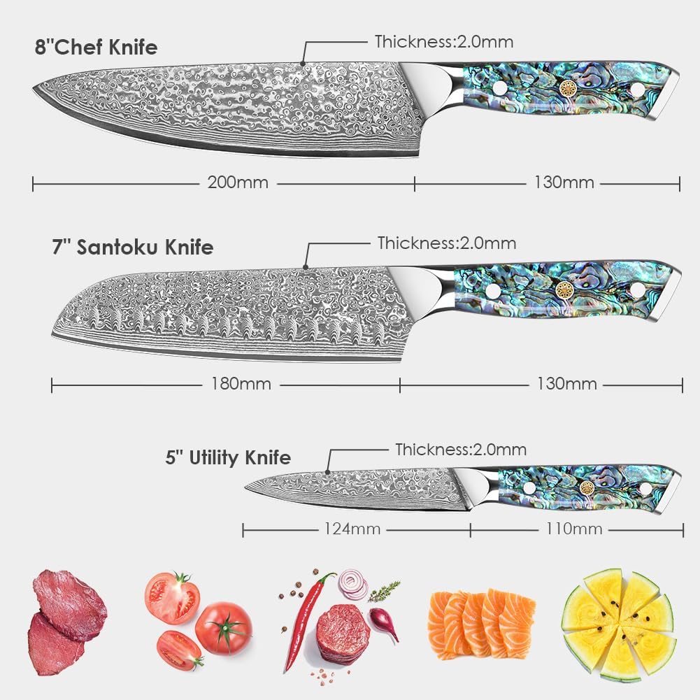 Damascus Kiritsuke Knife 8 inch, Professional Chef Knife, Sharp Hand-Forged Kitchen Knives,Japanese 67-Layers Damascus Steel Cooking Knife,Ergonomic Abalone Shell Ressin Handle with Gift Box