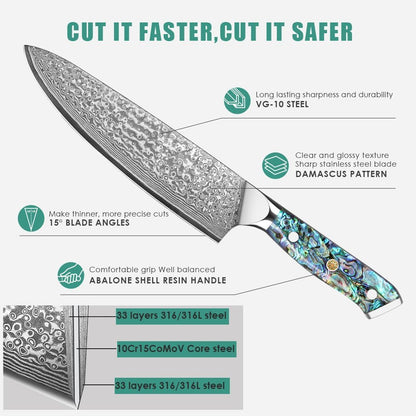 Damascus Kiritsuke Knife 8 inch, Professional Chef Knife, Sharp Hand-Forged Kitchen Knives,Japanese 67-Layers Damascus Steel Cooking Knife,Ergonomic Abalone Shell Ressin Handle with Gift Box