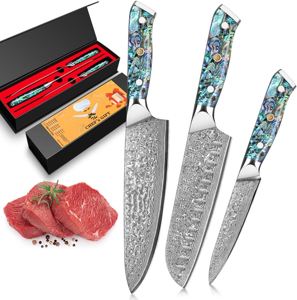 Damascus Kiritsuke Knife 8 inch, Professional Chef Knife, Sharp Hand-Forged Kitchen Knives,Japanese 67-Layers Damascus Steel Cooking Knife,Ergonomic Abalone Shell Ressin Handle with Gift Box