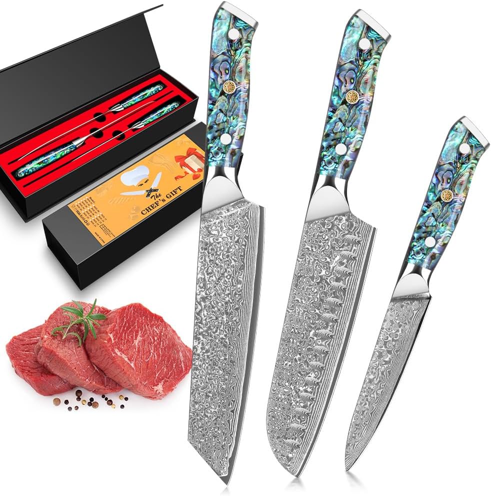 Damascus Kiritsuke Knife 8 inch, Professional Chef Knife, Sharp Hand-Forged Kitchen Knives,Japanese 67-Layers Damascus Steel Cooking Knife,Ergonomic Abalone Shell Ressin Handle with Gift Box