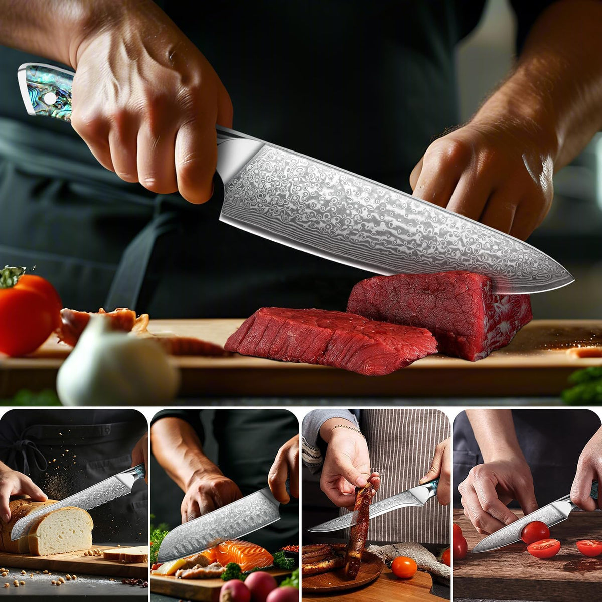 Damascus Kiritsuke Knife 8 inch, Professional Chef Knife, Sharp Hand-Forged Kitchen Knives,Japanese 67-Layers Damascus Steel Cooking Knife,Ergonomic Abalone Shell Ressin Handle with Gift Box