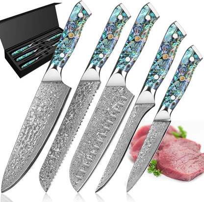 Damascus Kiritsuke Knife 8 inch, Professional Chef Knife, Sharp Hand-Forged Kitchen Knives,Japanese 67-Layers Damascus Steel Cooking Knife,Ergonomic Abalone Shell Ressin Handle with Gift Box