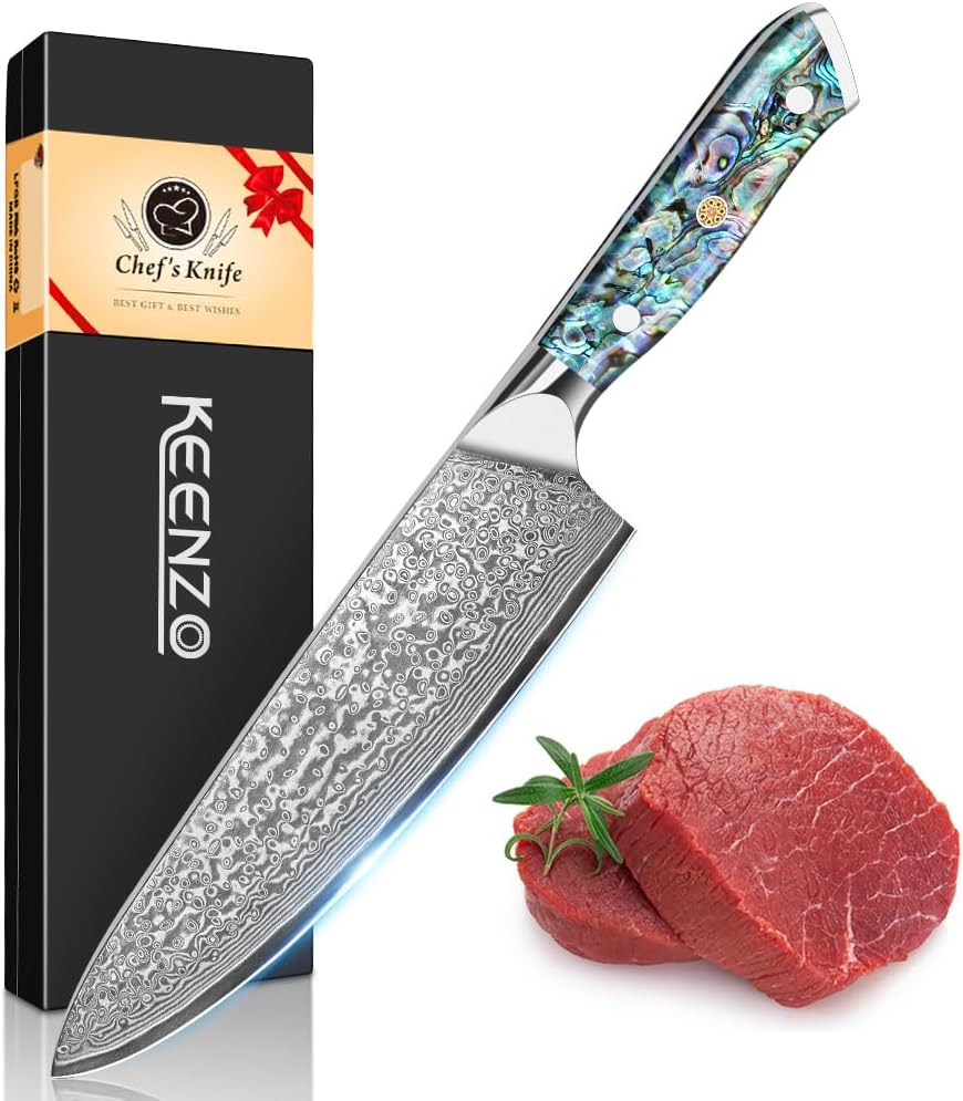 Damascus Kiritsuke Knife 8 inch, Professional Chef Knife, Sharp Hand-Forged Kitchen Knives,Japanese 67-Layers Damascus Steel Cooking Knife,Ergonomic Abalone Shell Ressin Handle with Gift Box