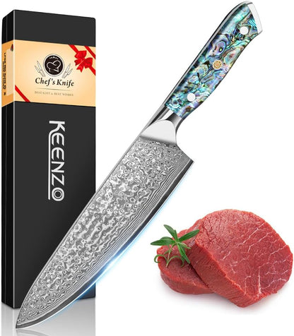 Damascus Kiritsuke Knife 8 inch, Professional Chef Knife, Sharp Hand-Forged Kitchen Knives,Japanese 67-Layers Damascus Steel Cooking Knife,Ergonomic Abalone Shell Ressin Handle with Gift Box