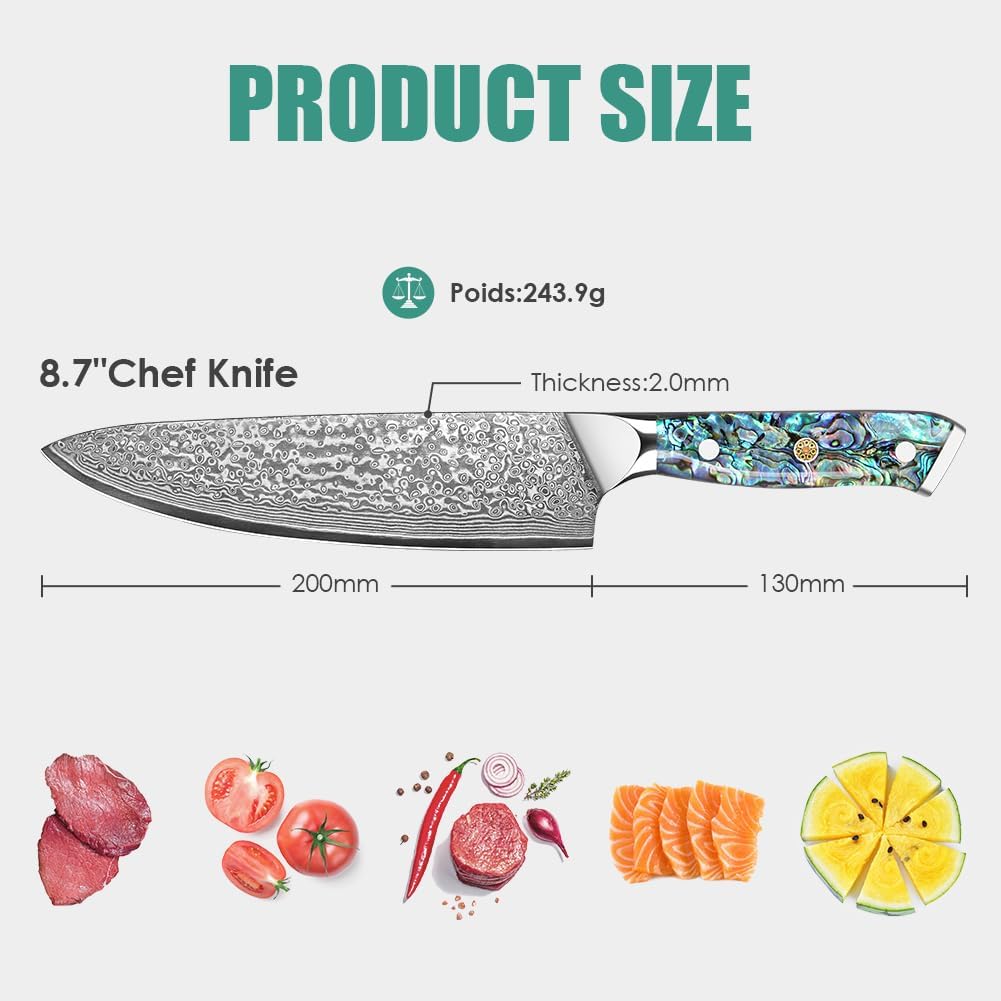 Damascus Kiritsuke Knife 8 inch, Professional Chef Knife, Sharp Hand-Forged Kitchen Knives,Japanese 67-Layers Damascus Steel Cooking Knife,Ergonomic Abalone Shell Ressin Handle with Gift Box