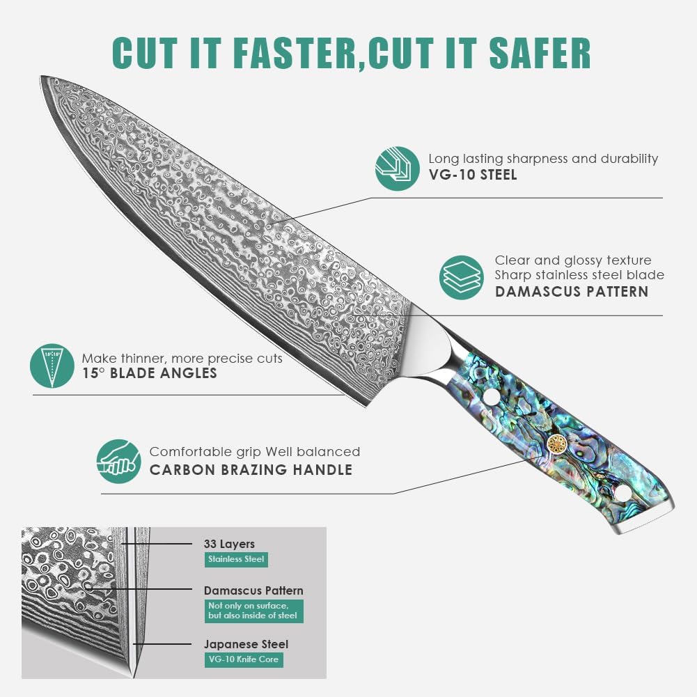Damascus Kiritsuke Knife 8 inch, Professional Chef Knife, Sharp Hand-Forged Kitchen Knives,Japanese 67-Layers Damascus Steel Cooking Knife,Ergonomic Abalone Shell Ressin Handle with Gift Box
