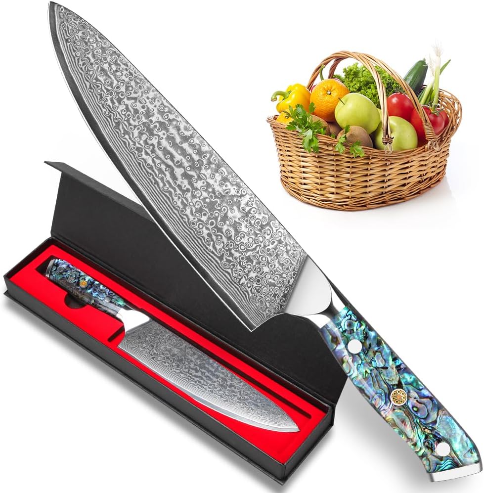 Damascus Kiritsuke Knife 8 inch, Professional Chef Knife, Sharp Hand-Forged Kitchen Knives,Japanese 67-Layers Damascus Steel Cooking Knife,Ergonomic Abalone Shell Ressin Handle with Gift Box