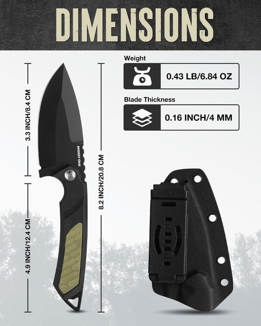 8 Inch Fixed Blade Knife with Kydex Sheath | D2 Steel Full Tang Outdoor Camping Knife, G10 Handle for Bushcraft, Survival, Camping, Hiking