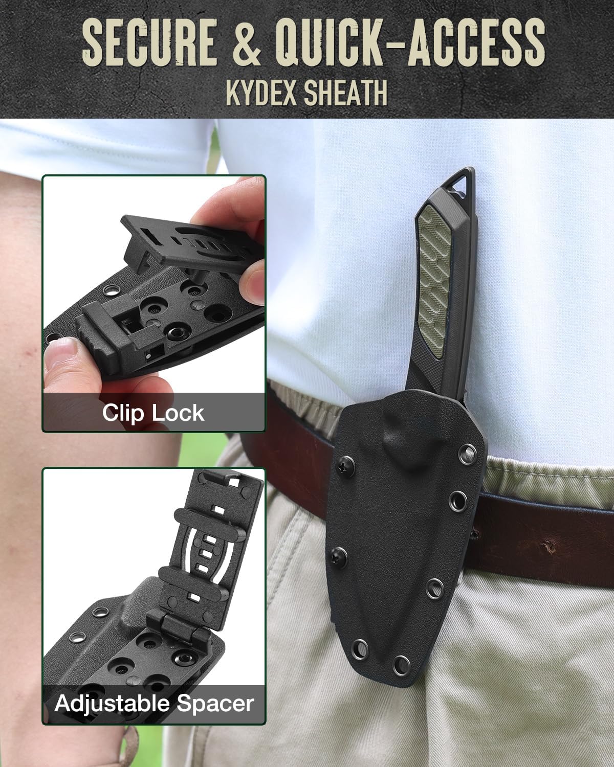 8 Inch Fixed Blade Knife with Kydex Sheath | D2 Steel Full Tang Outdoor Camping Knife, G10 Handle for Bushcraft, Survival, Camping, Hiking