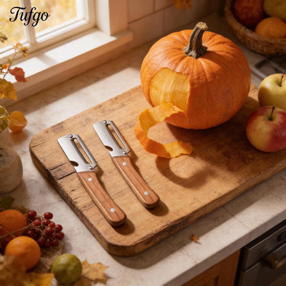 Pack of 2 Multifunctional Vegetable Peeler with Stainless Steel Blade 2-in-1 Wood Handle Kitchen Tool for Potato, Carrot, Zucchini, Papaya, Sugar Cane Peeling Veggie Peeler