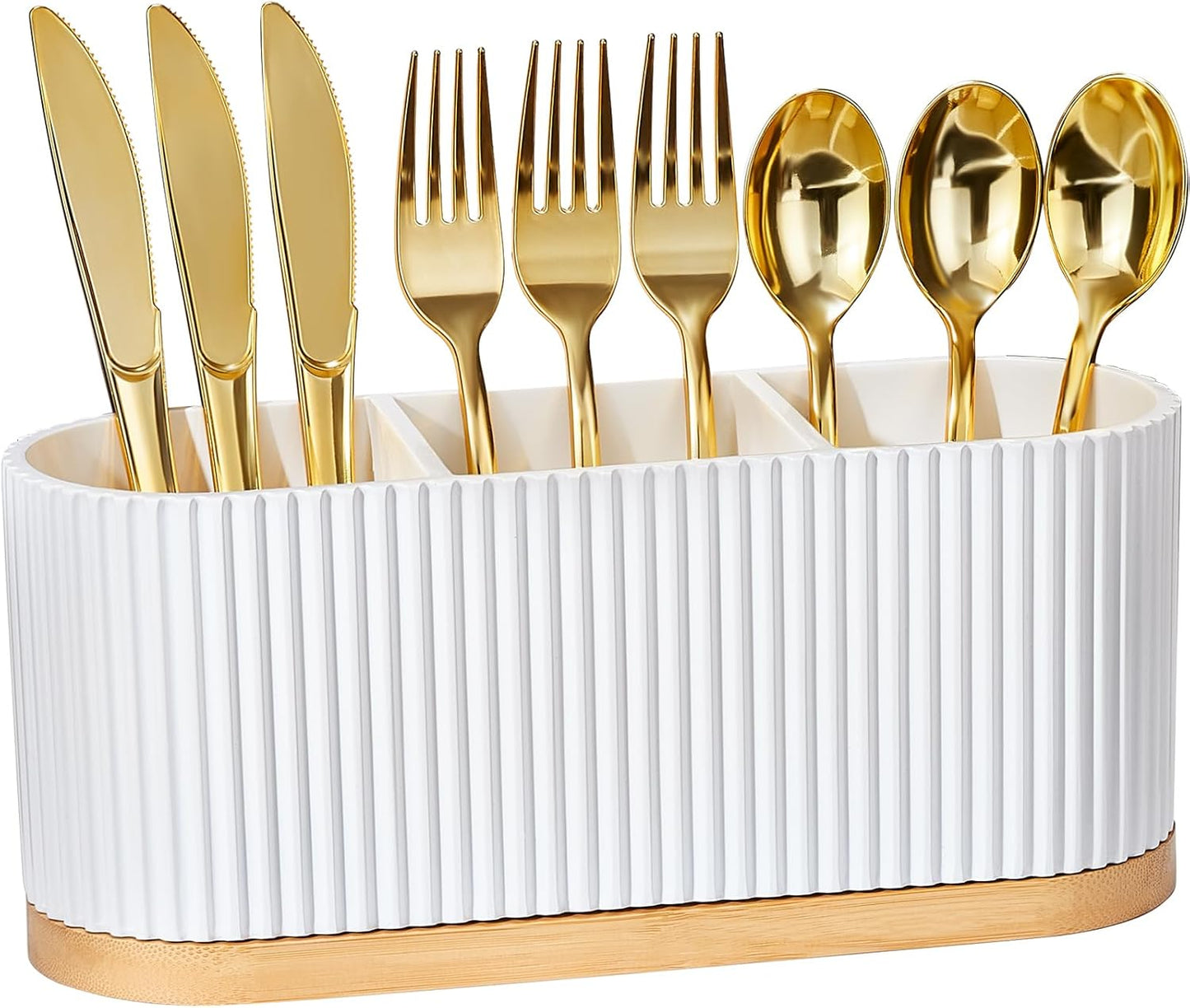White Countertop Silverware Holder: Cutlery Caddy w/3 Compartment | Large Size-Easy Clean-Anti-slip-Kitchen Utensil Holder-Ideal for Fork/Spoon/Knife/Pen Pencil-Silverware Caddy Organizer
