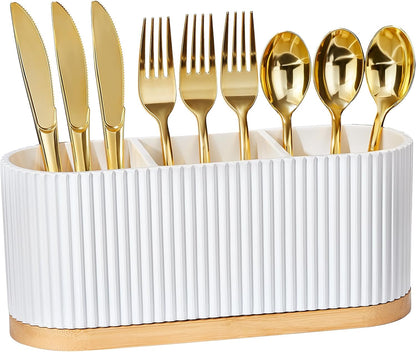 White Countertop Silverware Holder: Cutlery Caddy w/3 Compartment | Large Size-Easy Clean-Anti-slip-Kitchen Utensil Holder-Ideal for Fork/Spoon/Knife/Pen Pencil-Silverware Caddy Organizer
