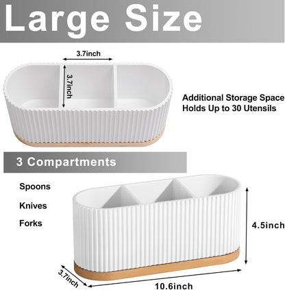 White Countertop Silverware Holder: Cutlery Caddy w/3 Compartment | Large Size-Easy Clean-Anti-slip-Kitchen Utensil Holder-Ideal for Fork/Spoon/Knife/Pen Pencil-Silverware Caddy Organizer