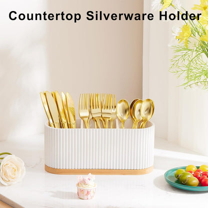 White Countertop Silverware Holder: Cutlery Caddy w/3 Compartment | Large Size-Easy Clean-Anti-slip-Kitchen Utensil Holder-Ideal for Fork/Spoon/Knife/Pen Pencil-Silverware Caddy Organizer