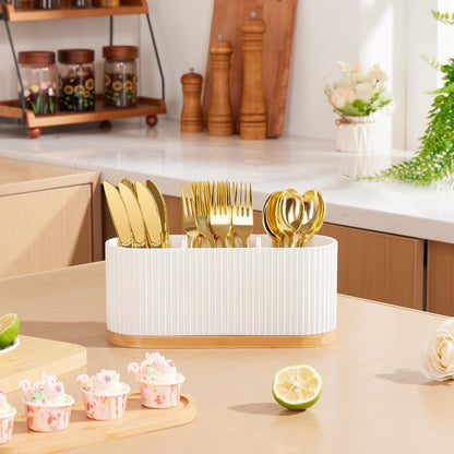 White Countertop Silverware Holder: Cutlery Caddy w/3 Compartment | Large Size-Easy Clean-Anti-slip-Kitchen Utensil Holder-Ideal for Fork/Spoon/Knife/Pen Pencil-Silverware Caddy Organizer