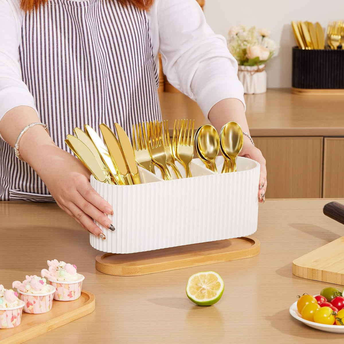 White Countertop Silverware Holder: Cutlery Caddy w/3 Compartment | Large Size-Easy Clean-Anti-slip-Kitchen Utensil Holder-Ideal for Fork/Spoon/Knife/Pen Pencil-Silverware Caddy Organizer