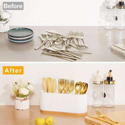 White Countertop Silverware Holder: Cutlery Caddy w/3 Compartment | Large Size-Easy Clean-Anti-slip-Kitchen Utensil Holder-Ideal for Fork/Spoon/Knife/Pen Pencil-Silverware Caddy Organizer