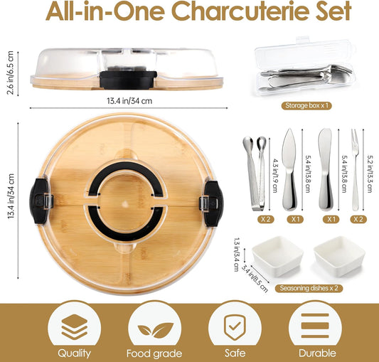 10 Pieces Portable Bamboo Cheese Board Set Charcuterie Board with Lid and Handle, Knife Set Meat Fruit Serving Tray Platter for Travel Picnic Kitchen House Warming Gifts (Round)
